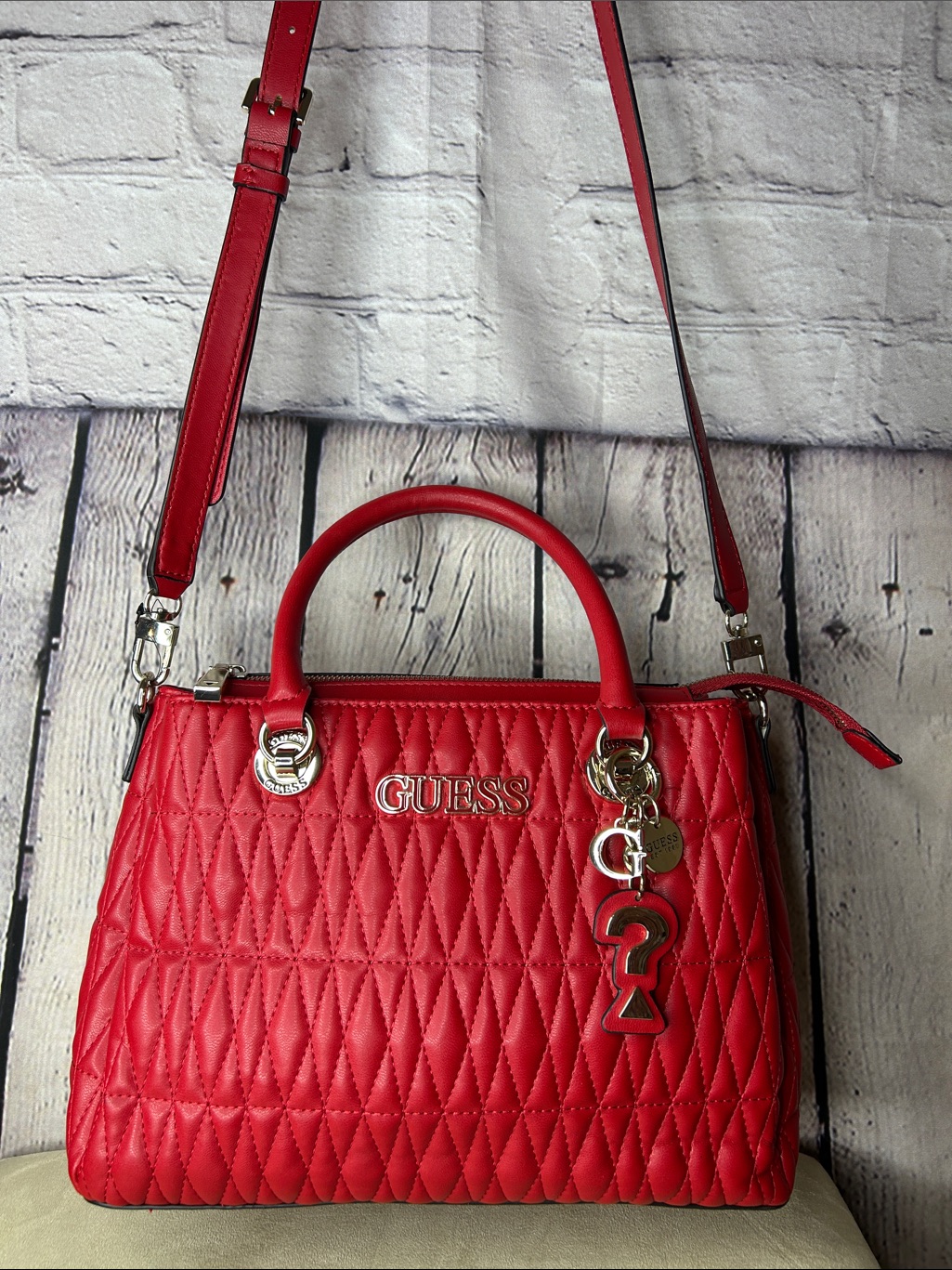 Guess Red Quilted Top-Handle Satchel With Charm